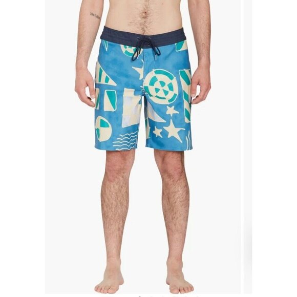 VOLCOM Geometric Stoney Mod-Tech Board Swim Shorts Aged Indigo Men's Size 34 NEW